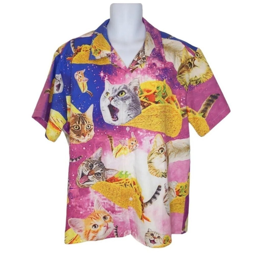Novelty Cat & Taco Print Short Sleeve Button-Down Shirt - Pink/Blue - Picture 3 of 14